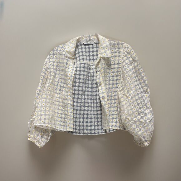 Zara Sheer Organza Daisy Print Blouse White Yellow Women XS Summer Puff Sleeve - Picture 3 of 7